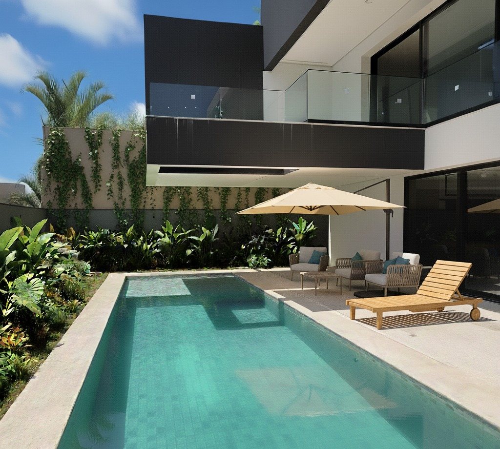 Área de lazer com piscina da casa de 450 m²