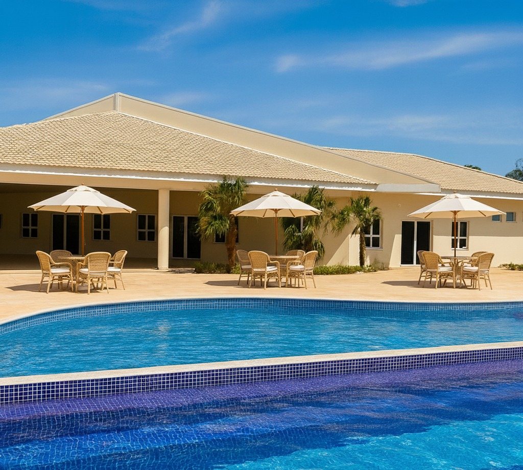Fundos do salão de festas ligados à piscina do clube